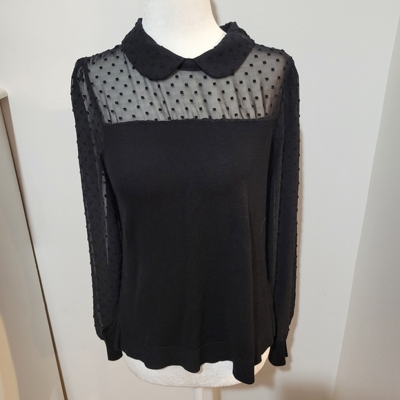 Adrianna Papell Tops - Adrianna Papell Babydoll Sheer Polka Dot Collared Black Long Sleeve Blouse | S